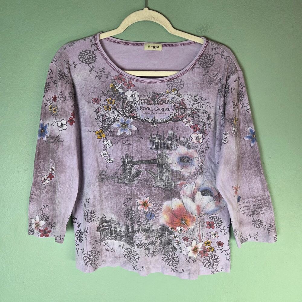 Vintage Cactus Womens Purple Large Royal Garden Floral Long Sleeve Tee